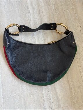 GUCCI Pebbled Leather Bamboo Ring Medium Hobo Bag